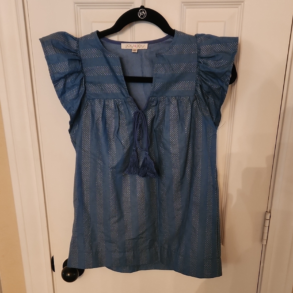 Joy Joy Blue and Gold Dot Ruffle Blouse, Sz XS